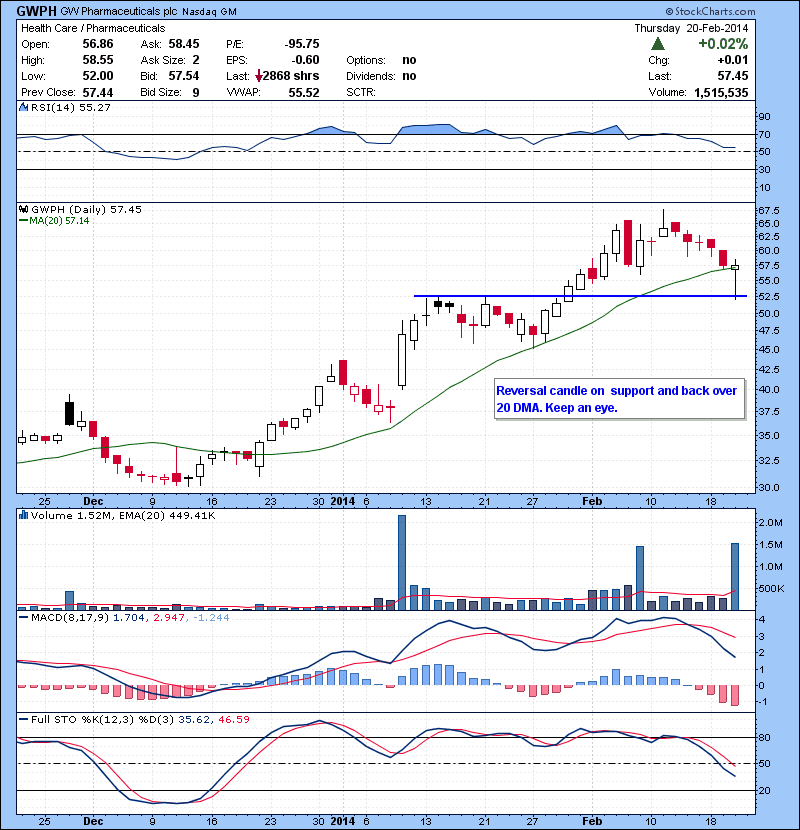 GWPH Reversal candle on  support and back over 20 DMA. Keep an eye.