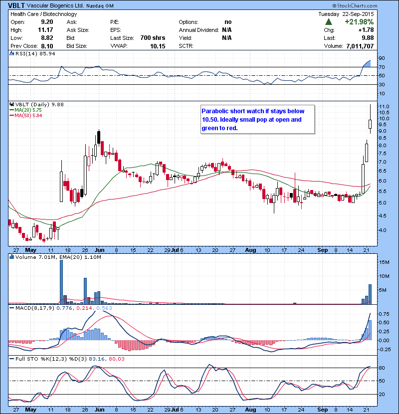 VBLT Parabolic short watch if stays below 10.50. Ideally small pop at open and green to red.