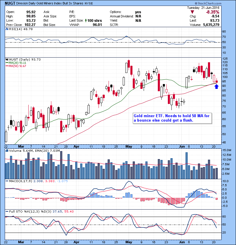 NUGT Gold miner ETF. Needs to hold 50 MA for a bounce else could get a flush. 