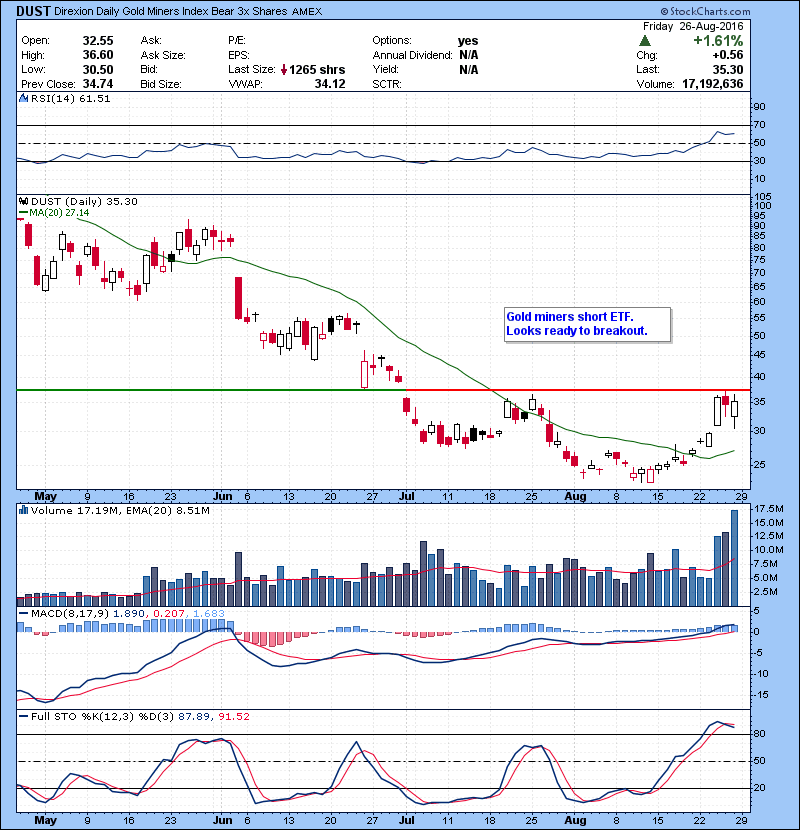 DUST Gold miners short ETF. Looks ready to breakout.