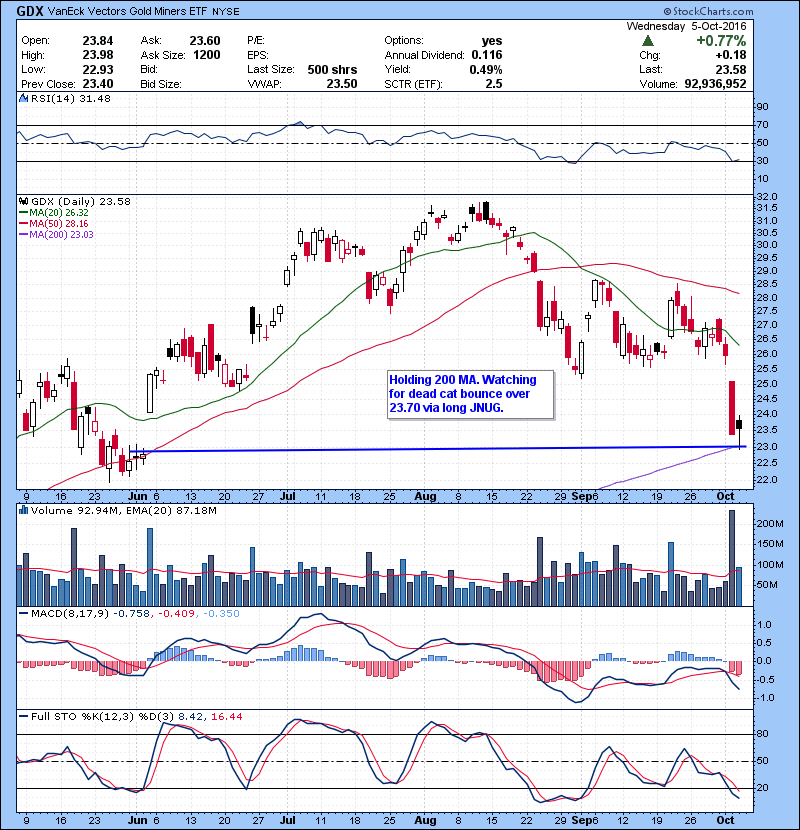 GDX Holding 200 MA. Watching for dead cat bounce over 23.70 via long JNUG.