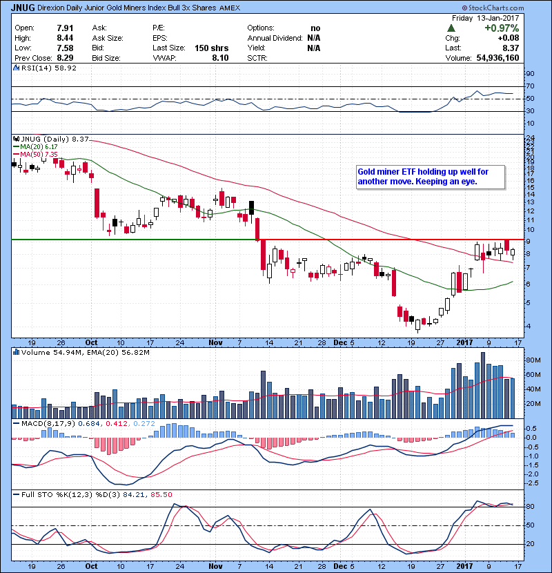 JNUG Gold miner ETF holding up well for another move. Keeping an eye.